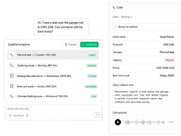 AI receptionist dashboard with live call transcript, enquiry qualification, and booking next step