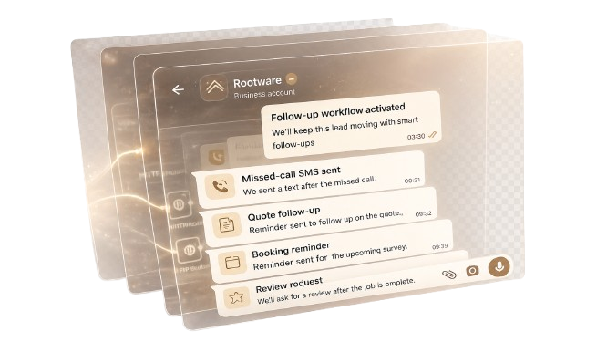 Follow-up automation workflow for missed calls, quote reminders, booking reminders, and review requests